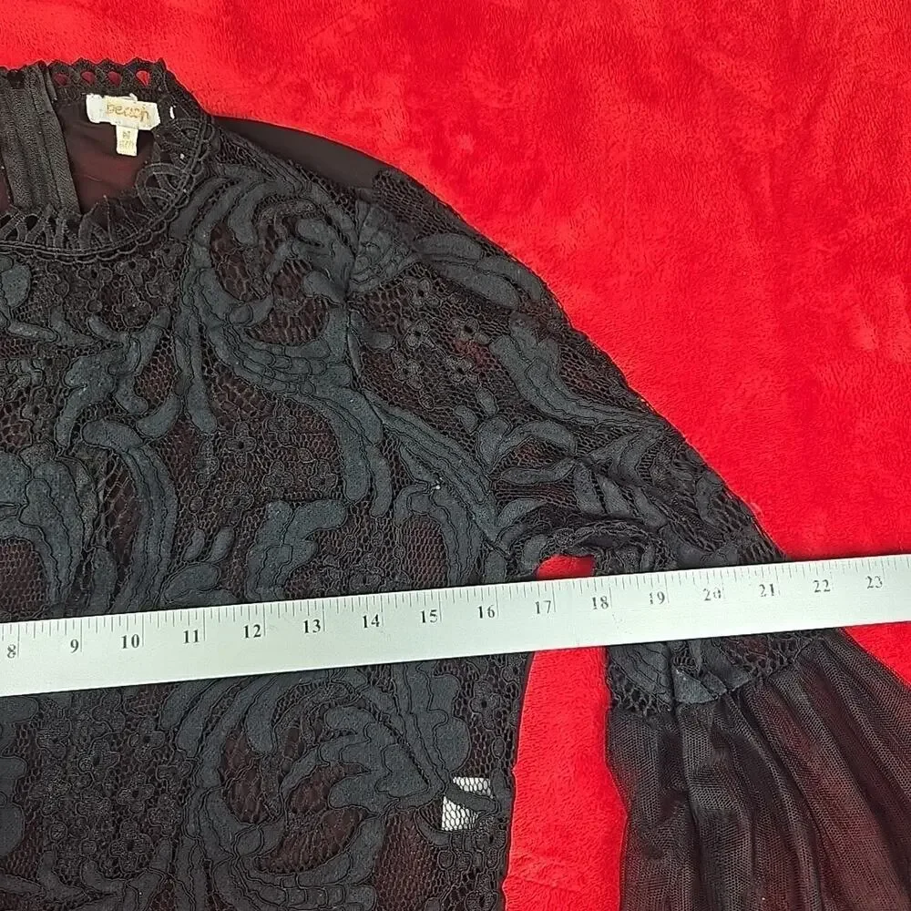 Peach Black Sheer Lace Blouse Floral Scalloped Trim Whimsigoth Coquette Size M - Picture 6 of 16